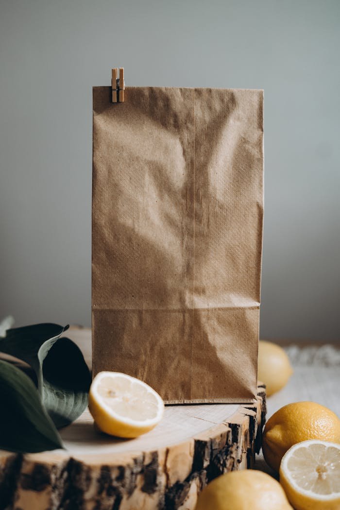 A rustic scene with a paper bag and fresh lemons on a wooden surface. Perfect for food or packaging themes.